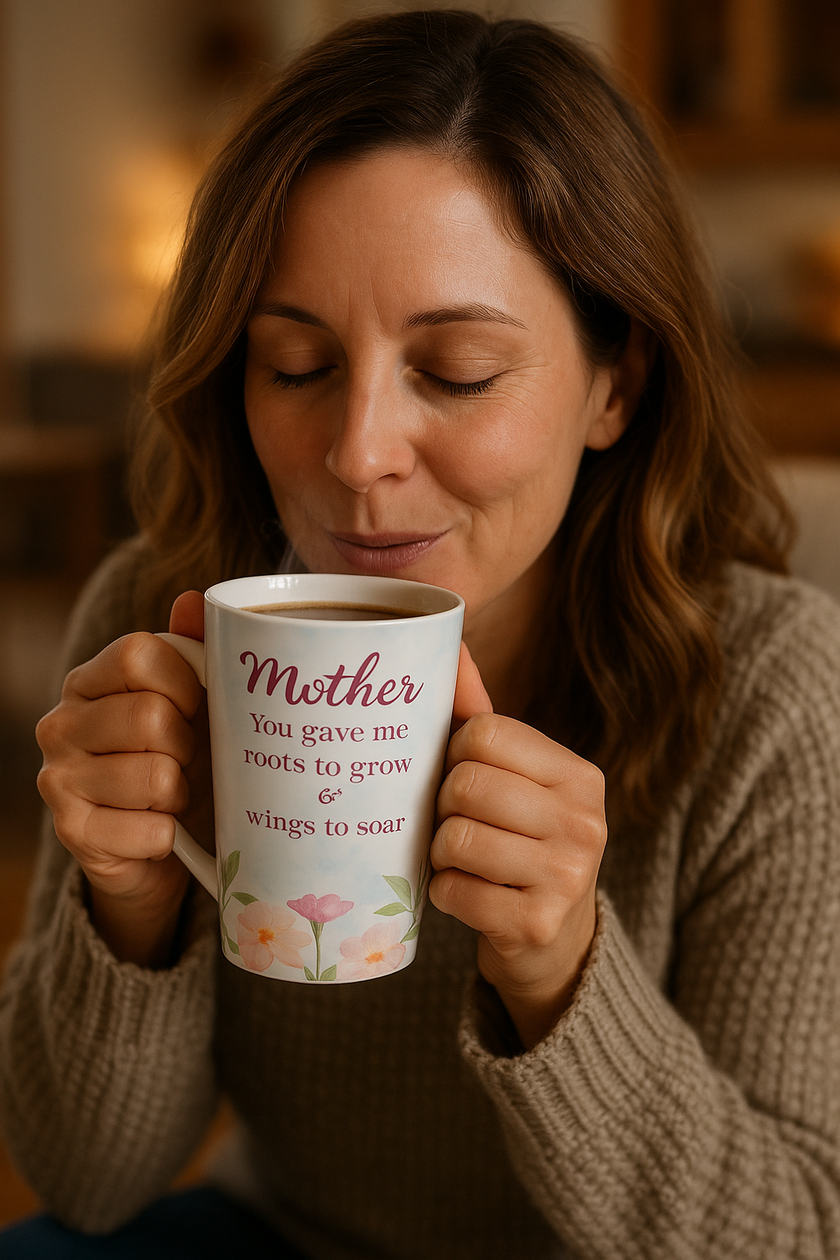 Woman holding a mug with a Mother's Day message and floral design.