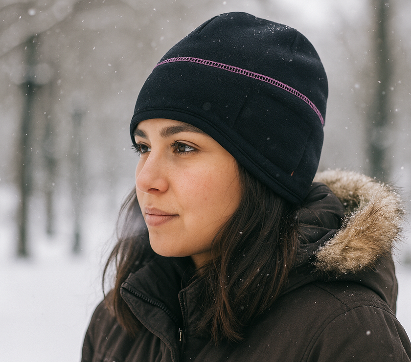Woman wearing a black beanie and winter coat in a snowy setting
