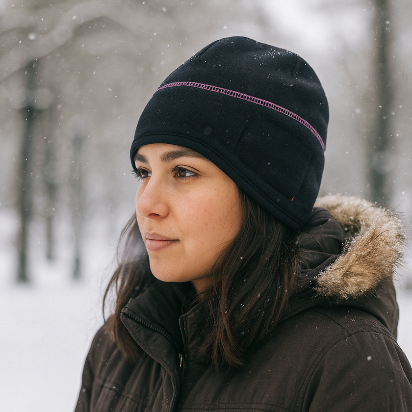 Woman wearing a black beanie and winter coat in a snowy setting