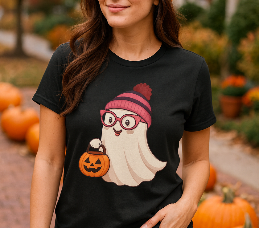Woman wearing a black t-shirt with a graphic design of a character with a pumpkin, standing outdoors with pumpkins in the background.