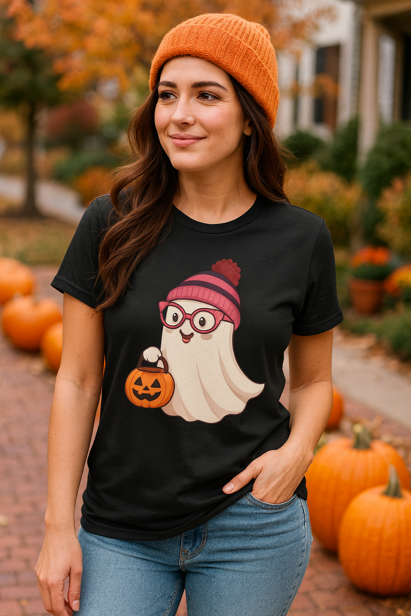 Woman wearing a black t-shirt with a graphic design of a character with a pumpkin, standing outdoors with pumpkins in the background.