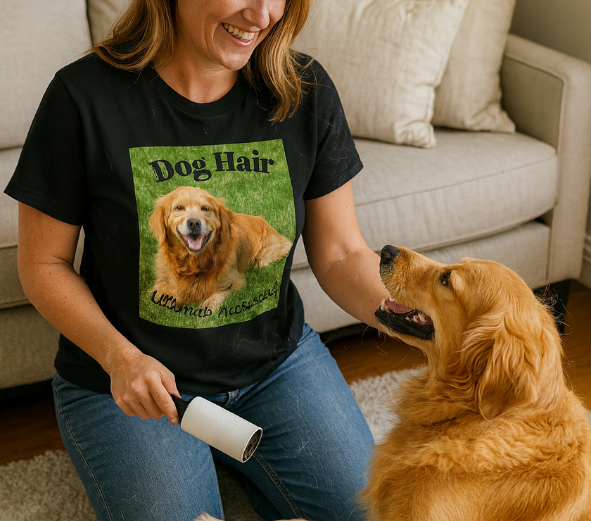 Woman wearing a t-shirt with a dog hair graphic, sitting on the floor with a golden retriever.
