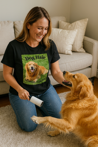 Woman wearing a t-shirt with a dog hair graphic, sitting on the floor with a golden retriever.