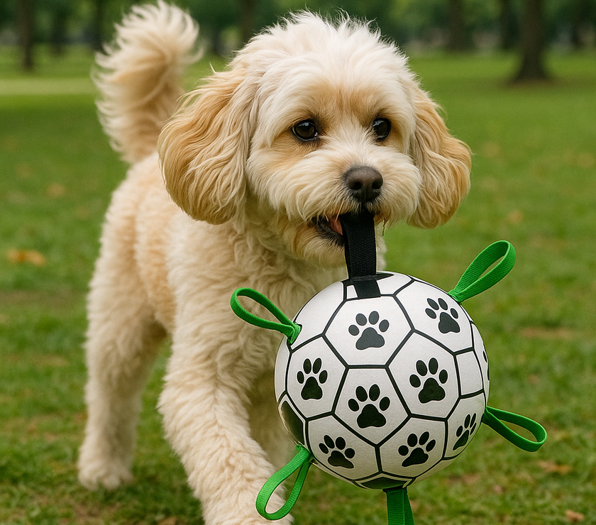 Dog laying wih Interactive Soccer Ball Dog Toy
 
