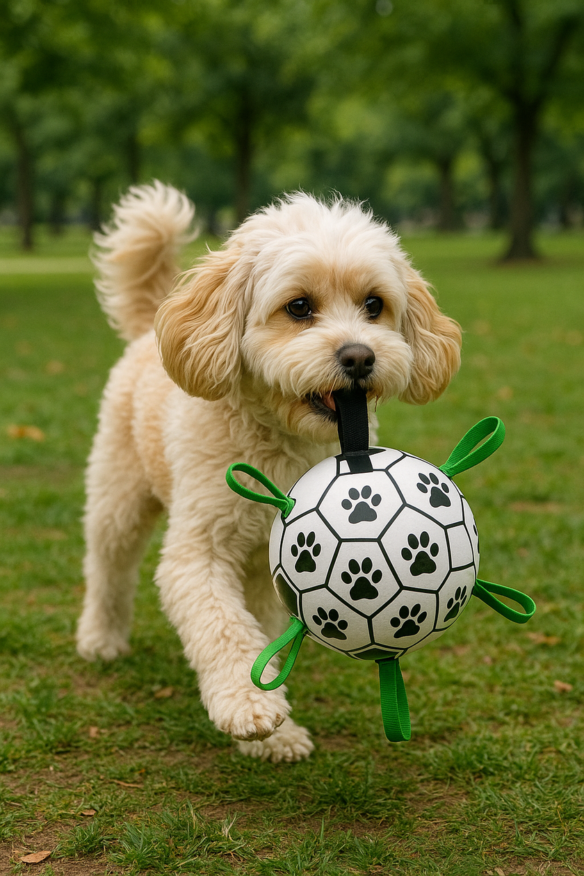 Dog laying wih Interactive Soccer Ball Dog Toy
 
