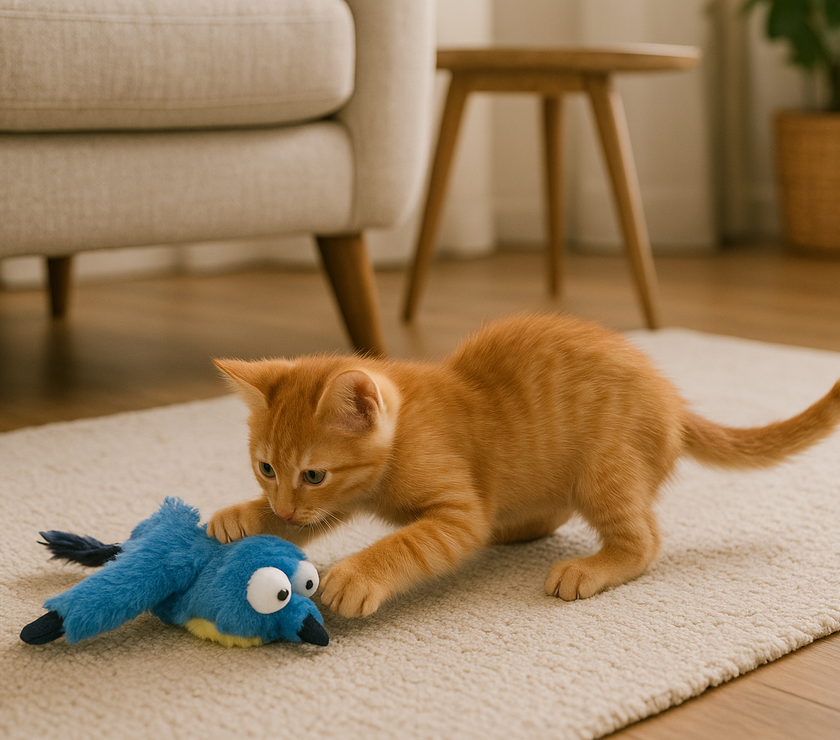 A playful orange kitten interacts with a plush blue bird cat toy that features exaggerated eyes, sound and motion effects, and colorful musical notes to indicate interactive play.