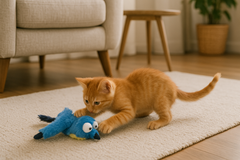 A playful orange kitten interacts with a plush blue bird cat toy that features exaggerated eyes, sound and motion effects, and colorful musical notes to indicate interactive play.