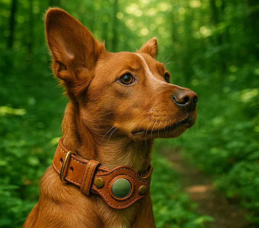  A Brittany Spaniel wearing a brown leather AirTag collar sits alert on a forest path, surrounded by lush green foliage.
