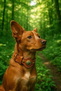  A Brittany Spaniel wearing a brown leather AirTag collar sits alert on a forest path, surrounded by lush green foliage.