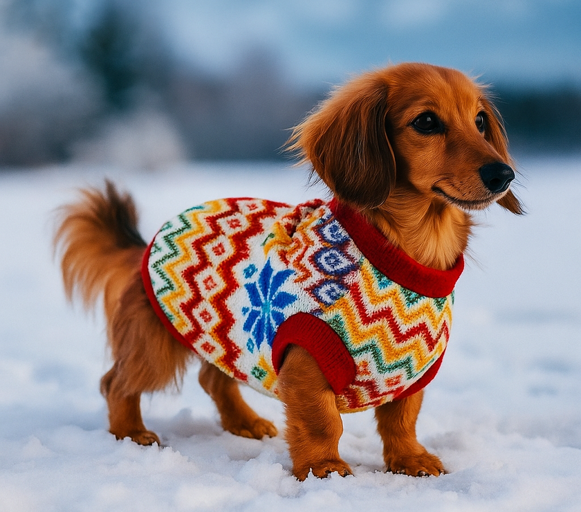 Small dog wearing a colorful sweater standing in the snow.