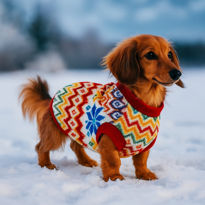 Small dog wearing a colorful sweater standing in the snow.
