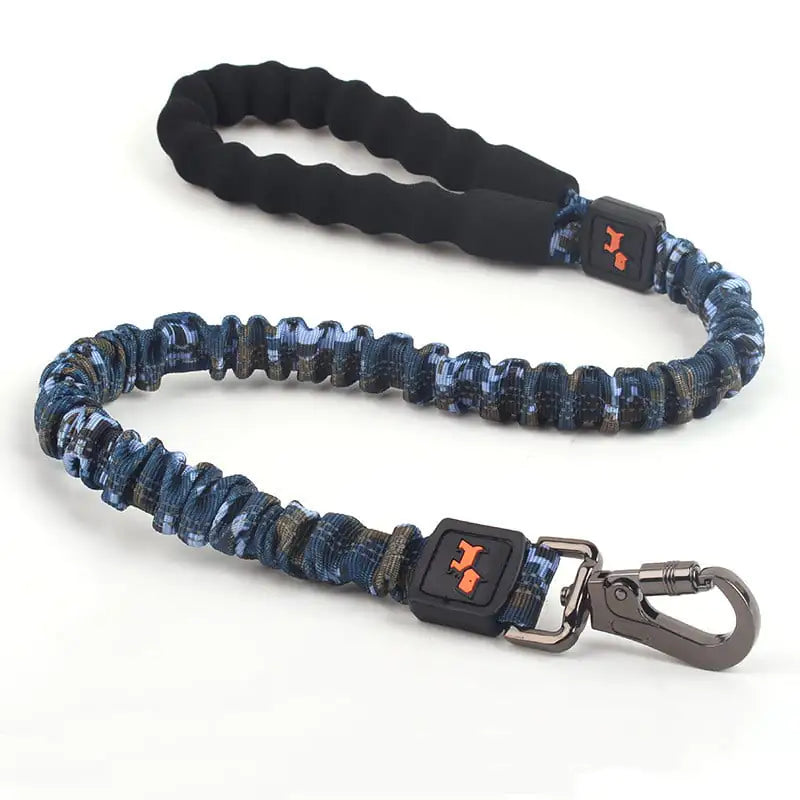 Blue camouflage dog leash with black and gray accents on a white background