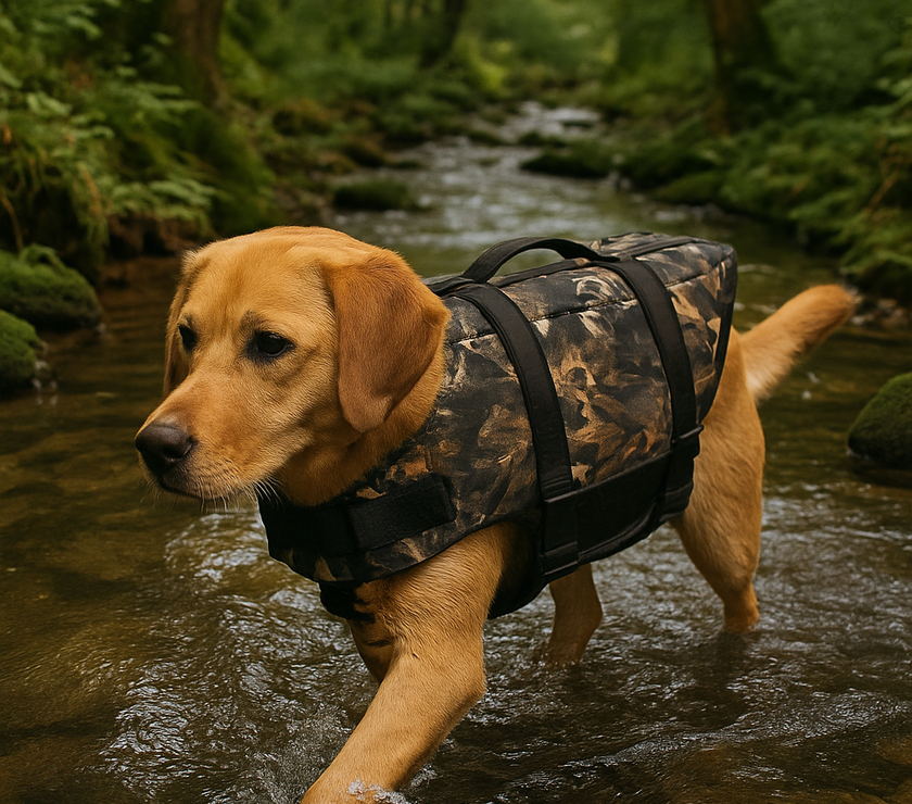 Dog wearing camo life vest walking in a stream