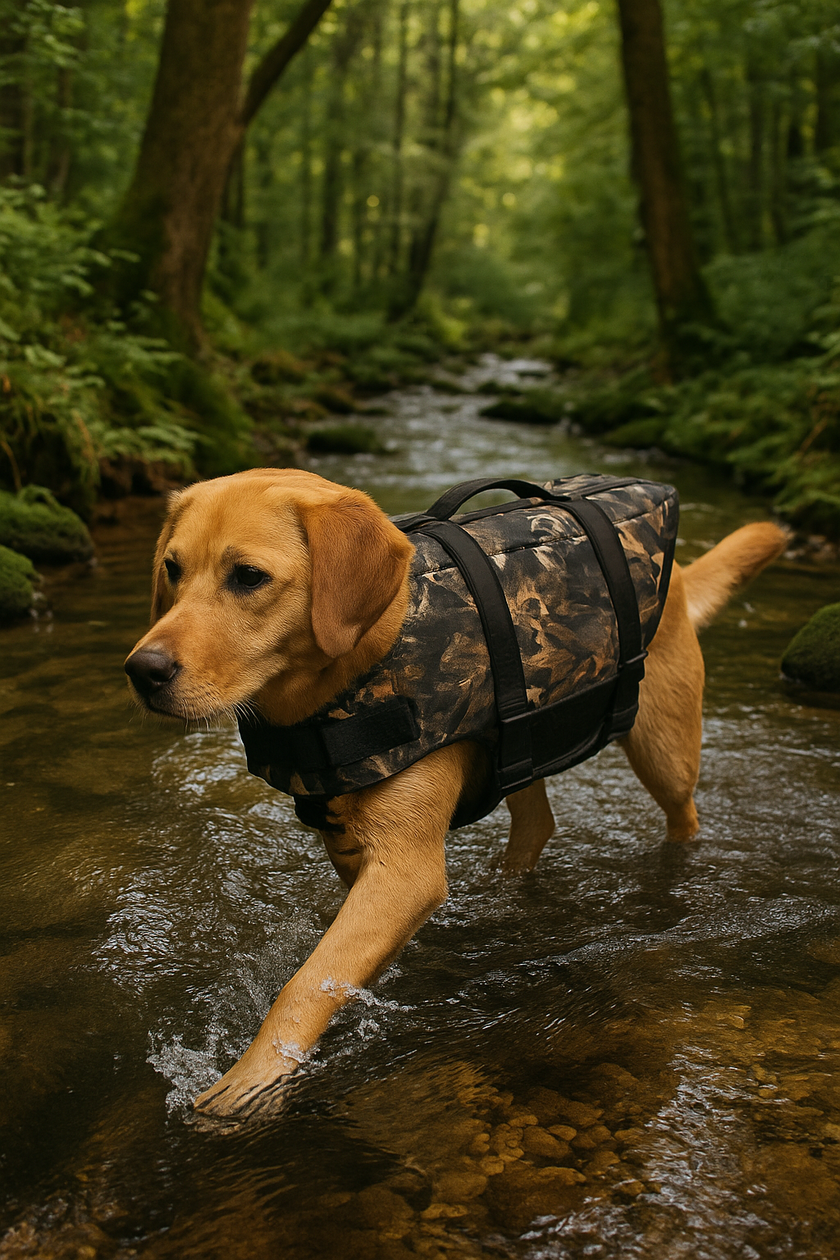 Dog wearing camo life vest walking in a stream