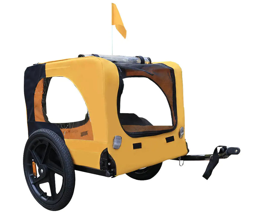 Bicycle pet trailer, small to large dogs weighing up to 88 pounds, folding frame carrier, quick release wheels, universal bicycle coupler
