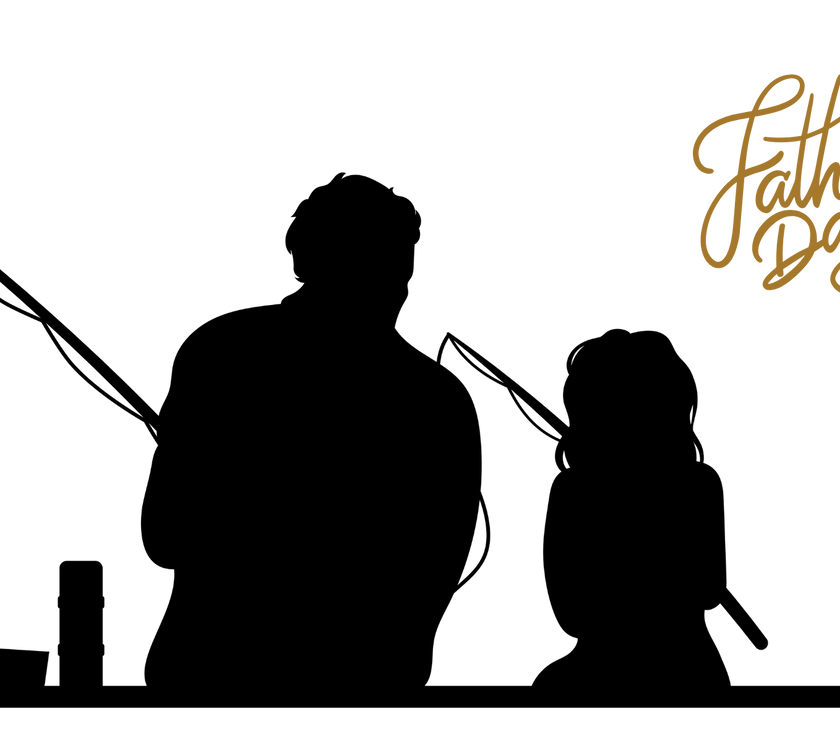 White ceramic mug featuring a silhouette of a child holding a fishing rod next to an adult figure, with the words "Happy Father's Day" in gold script above—an ideal gift for dads who love fishing and family time.