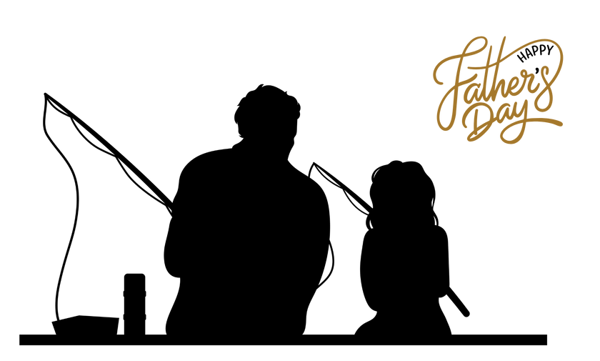 White ceramic mug featuring a silhouette of a child holding a fishing rod next to an adult figure, with the words "Happy Father's Day" in gold script above—an ideal gift for dads who love fishing and family time.