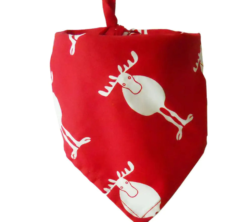 Red bandana with white moose pattern on a white background