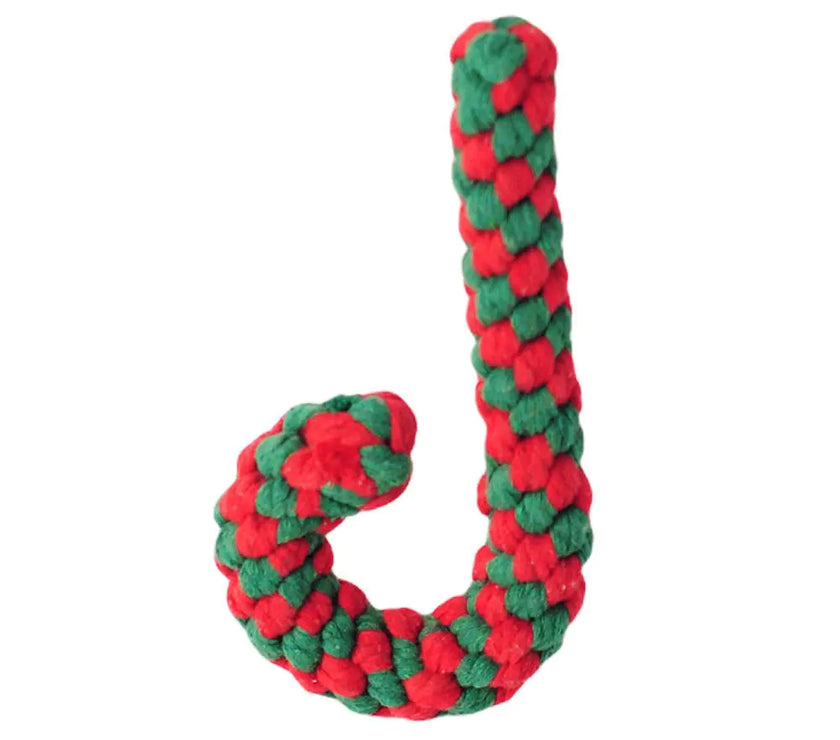 Red and green braided rope toy on a white background