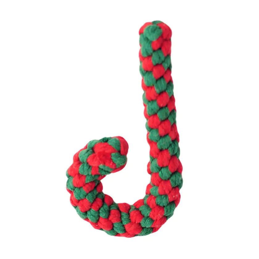 Red and green braided rope toy on a white background