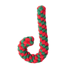 Red and green braided rope toy on a white background