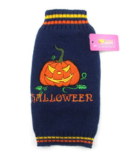 Navy blue dog sweater with Halloween pumpkin design and 'Halloween' text on a white background.