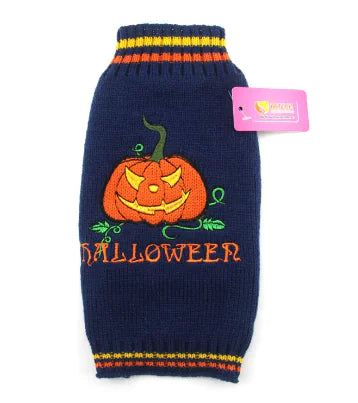Navy blue dog sweater with Halloween pumpkin design and 'Halloween' text on a white background.