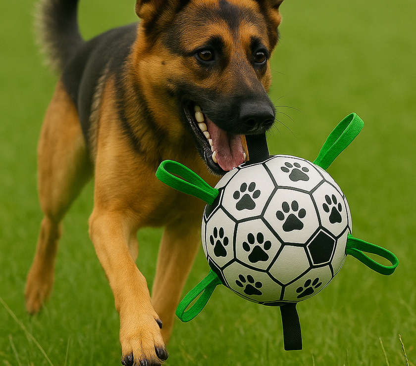 Dog laying wih Interactive Soccer Ball Dog Toy
