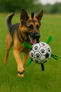 Dog laying wih Interactive Soccer Ball Dog Toy