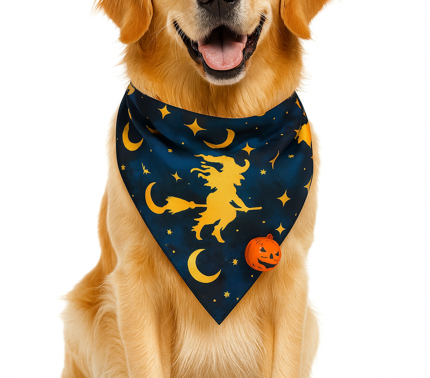Dog wearing a Halloween-themed bandana with witch and moon designs on a white background
