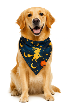 Dog wearing a Halloween-themed bandana with witch and moon designs on a white background