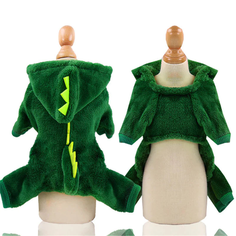 Green fleece dinosaur costume on a mannequin with a white background