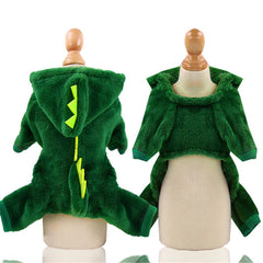 Green fleece dinosaur costume on a mannequin with a white background