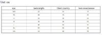 Measurement chart for clothing sizes with dimensions in centimeters