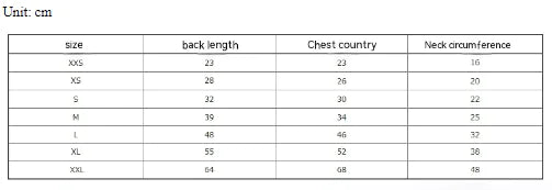Measurement chart for clothing sizes with dimensions in centimeters