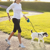 Woman walking a dog on a leash in a park