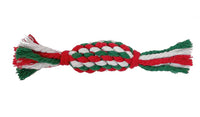 Red, white, and green braided rope toy on a white background