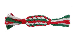 Red, white, and green braided rope toy on a white background