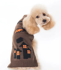 Dog wearing a brown sweater with Halloween-themed design on a white background