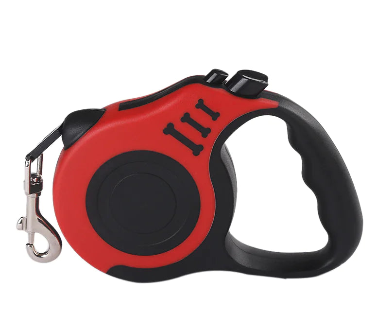 Red and black retractable dog leash on a white background