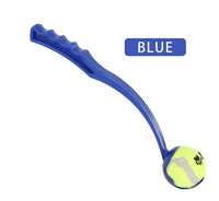 Blue tennis ball launcher with a yellow tennis ball on a white background