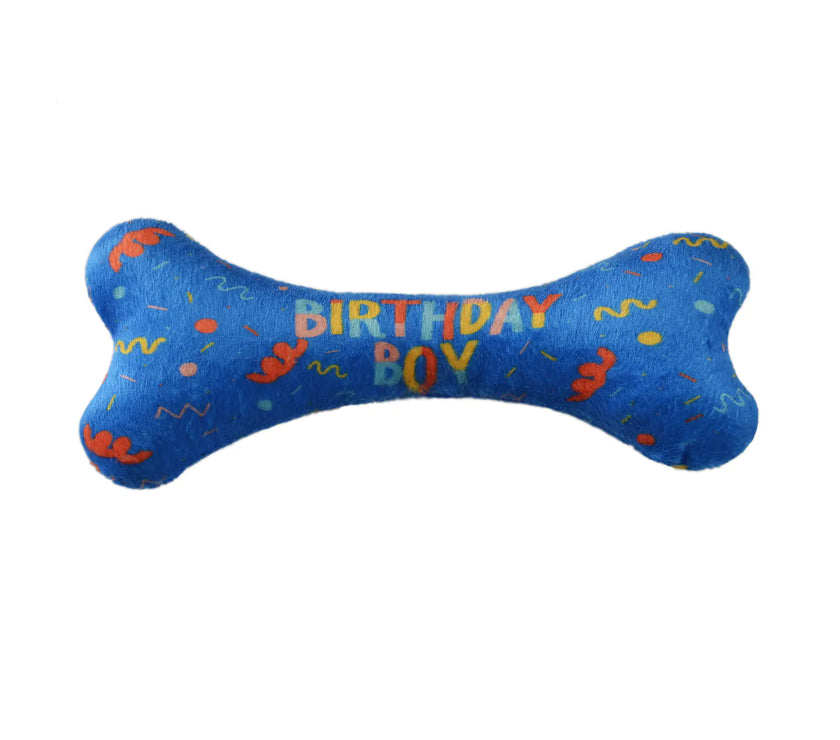 Blue bone-shaped toy with 'Birthday Boy' text on a white background