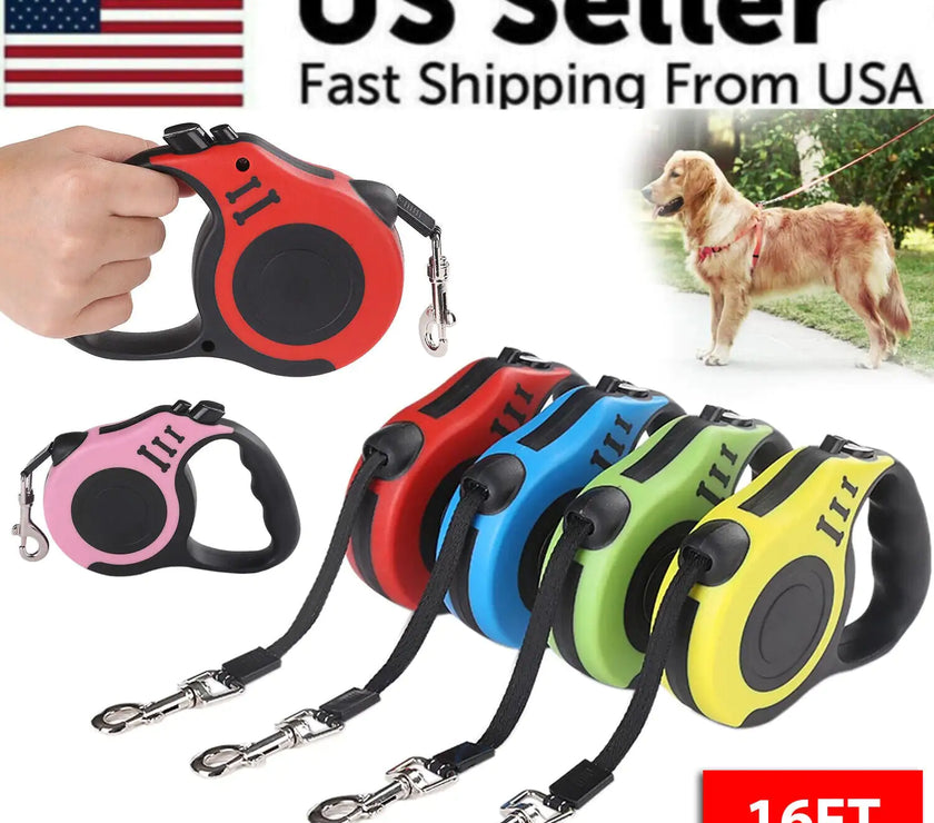 Retractable dog leashes in various colors with a hand holding one, a dog on a leash, and text about US seller and fast shipping.
