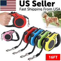Retractable dog leashes in various colors with a hand holding one, a dog on a leash, and text about US seller and fast shipping.