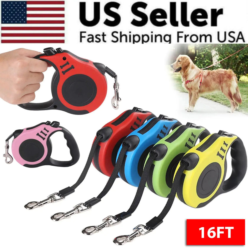 Retractable dog leashes in various colors with a hand holding one, a dog on a leash, and text about US seller and fast shipping.