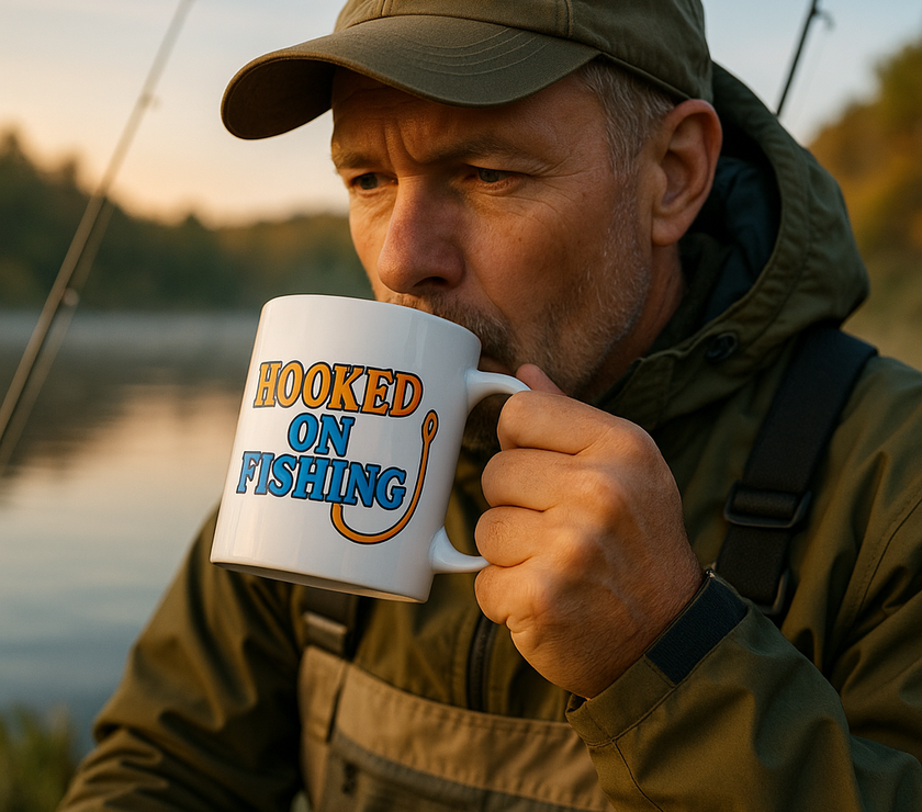 A man in outdoor fishing gear sips from a white ceramic mug with the phrase "Hooked on Fishing" printed on it, sitting near a calm lake during early morning light with fishing rods visible in the background.