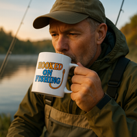 A man in outdoor fishing gear sips from a white ceramic mug with the phrase "Hooked on Fishing" printed on it, sitting near a calm lake during early morning light with fishing rods visible in the background.