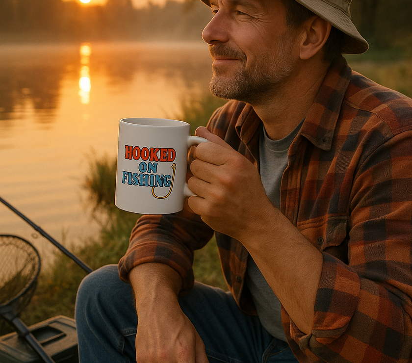 A middle-aged man wearing a flannel shirt and bucket hat sits by a serene lakeside at sunrise, holding a white ceramic coffee mug with the phrase "Hooked on Fishing" printed on it, surrounded by fishing gear including a rod and tackle box.