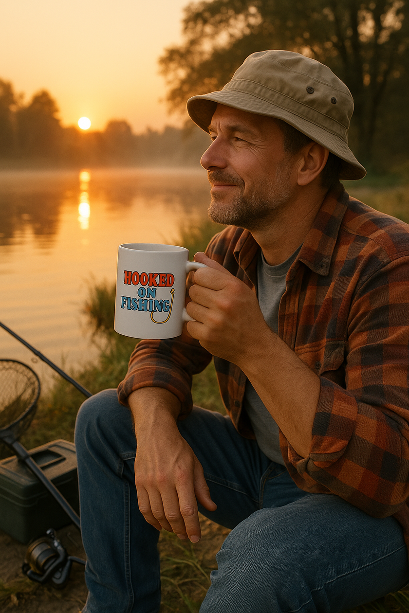A middle-aged man wearing a flannel shirt and bucket hat sits by a serene lakeside at sunrise, holding a white ceramic coffee mug with the phrase "Hooked on Fishing" printed on it, surrounded by fishing gear including a rod and tackle box.