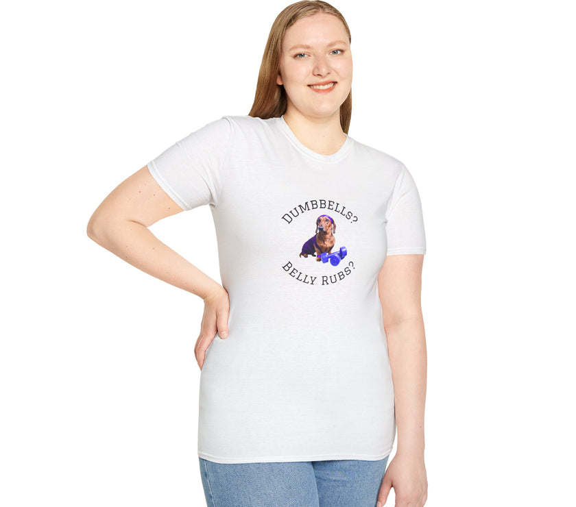 Female wearing white adult T-shirt with a printed image of a dog and the humorous text 'Dumbbells? Belly Rubs?', designed for dog lovers and fitness enthusiasts.